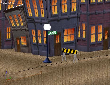 16 Select the street light, then right-click and choose Move from the quad menu. Move the streetlight to the corner near the yellow-and-black striped barricade.
