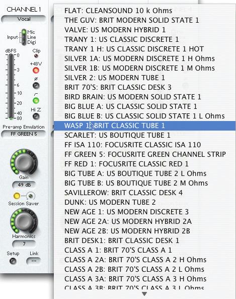 NOTE: If the channel is switched to LINE input, only the FLAT emulation can be selected (as described in the Liquid4Pre User Guide): Input Gain Click and drag on the Gain encoder to adjust the input