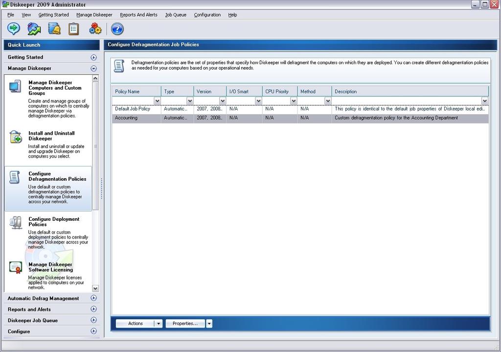8 Diskeeper Administrator Operation Although the information displayed differs depending on the task you are performing, this example shows a typical view of the main console: Menu Bar Toolbar Quick