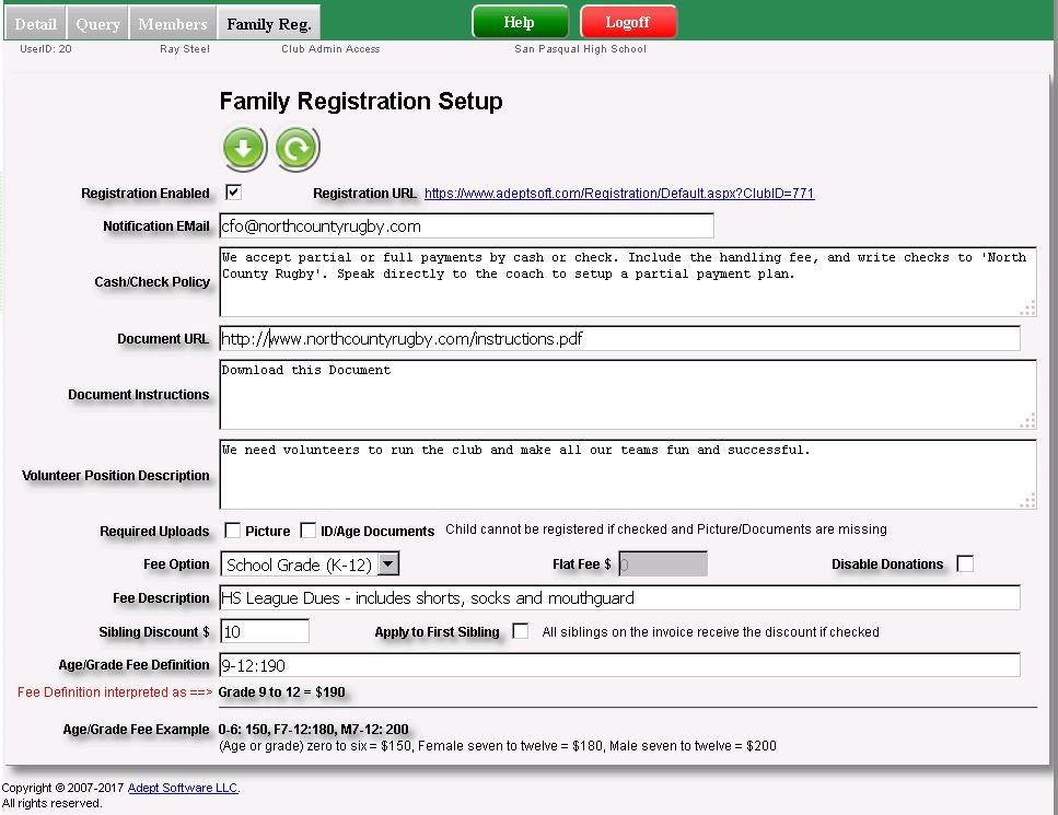 Registration Setup Parameters Once a club has been approved to use the Individual Registration software package, an extra section of information will appear in the Family Reg. MATCH-APT page.