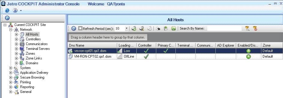 The administrator console now shows a new row representing the COCKPIT4 Secondary (backup) Controller Server that was added. As shown above, the Loading column shows the word Offline.