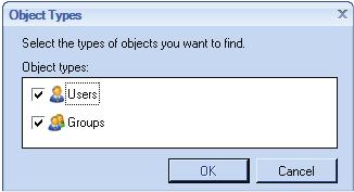 3 Click the Object Types button to display the following window in which you can specify whether you want to search through