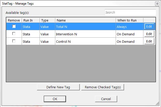 Manage Tags Once saved, all tags will be listed in the Manage Tags dialog box. From this dialog box, the user can change how tags are formatted and updated, or can remove them entirely.