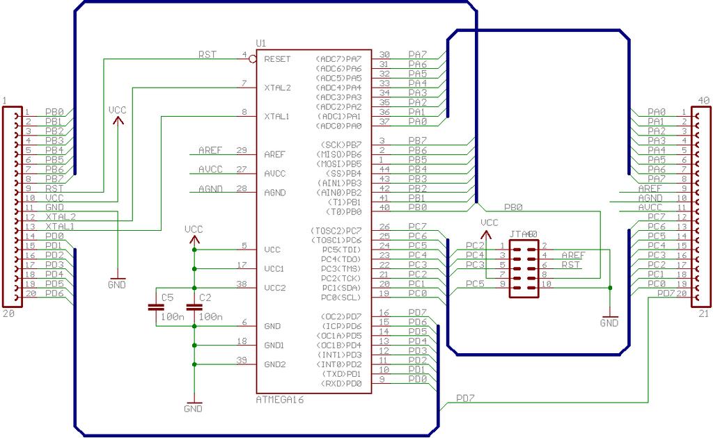 The diagram below shows AVR ATmega16 on daughter board with power supply, capacitors and the socket connections Figure 6: AVR ATmega16 with power supply, capacitors and socket connections 4 3.