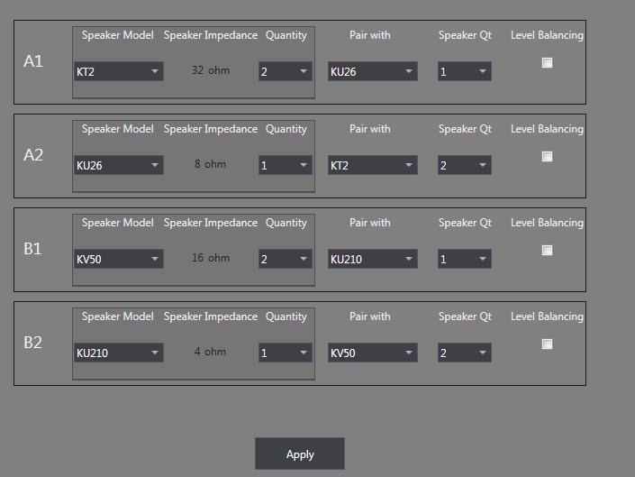 This step is extremely important because the DSP will automatically adjust all settings (limiters, crossover, equalization) to match the requirements for the speakers connected.