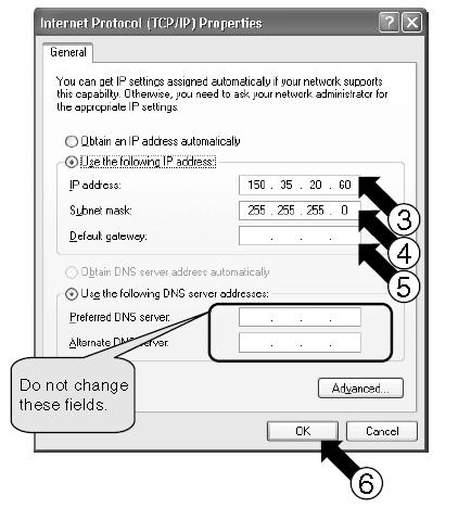 The dialog box 2 opens. This dialog box shows the test operation PC's current IP address [3], subnet mask [4], and default gateway address [5]. Take a note of this information in Table 1.