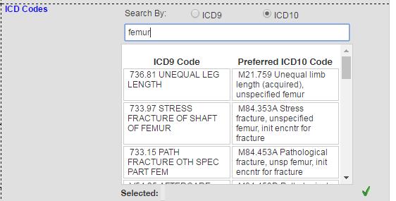 Click on the ICD that is needed to select. Next click the green check mark to save the ICD, it should appear in the box below.
