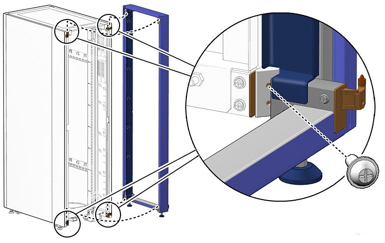FIGURE 2-3 Installing Four Hinge Pins, the Cabinet Extension, and Angle Bracket Screws 8 Sun