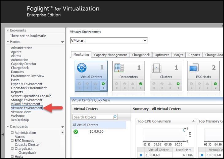 Foglight VMware virtual machine monitoring is now configured. Figure 24. Once the setup is complete, click the VMware Environment option under the Homes tab of the Foglight management GUI. 8.