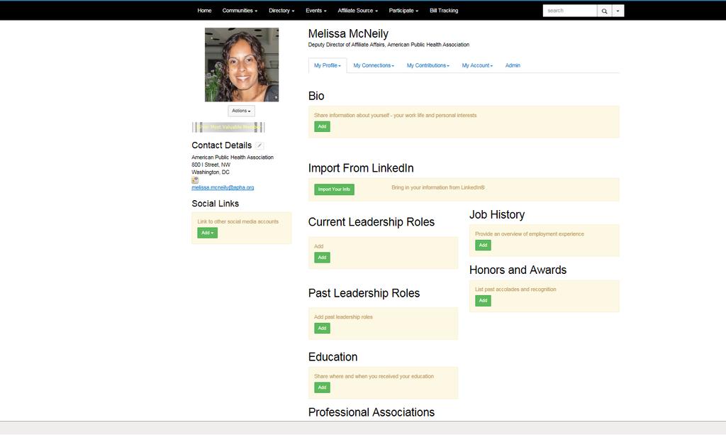 roles section as needed. This data field is very important because it notifies APHA of the leadership changes at your Affiliate. You can also upload a picture to your profile.