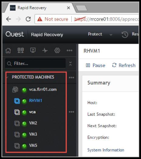 Figure 11. The VMware virtual machines you selected will be listed as Rapid Recovery protected machines.
