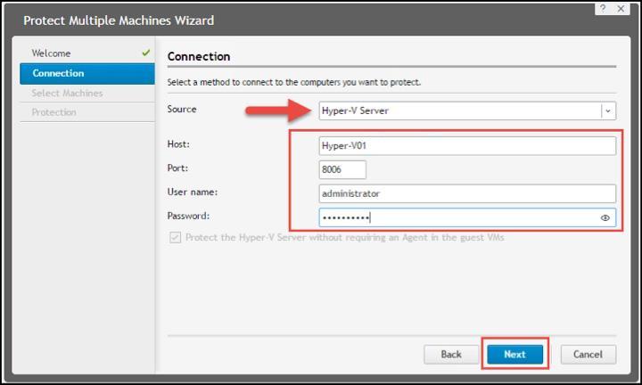 Enter the proper Hyper-V host credentials and, if desired, select the Protect the Hyper-V server without requiring an agent in the guest VMs checkbox (see Figure 14). Then cllick Next.