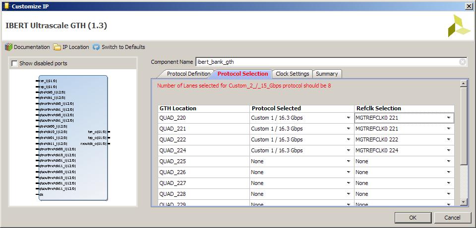 Create IBERT Design for Banks GTH Under the Protocol Selection tab Set QUAD_220,