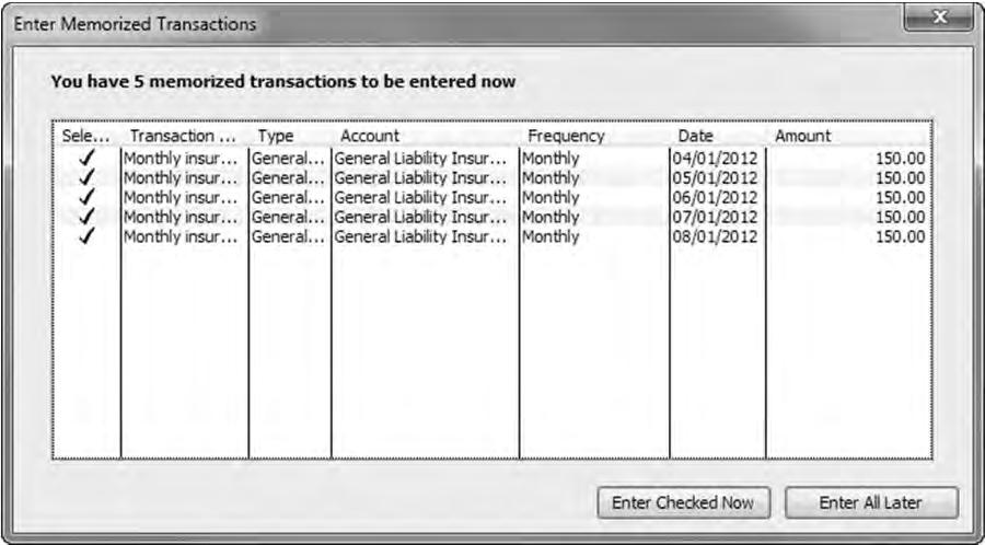 Notice the settings in the Frequency and Auto columns for each of the transactions that you had selected. 13 Close the Memorized Transaction List window.