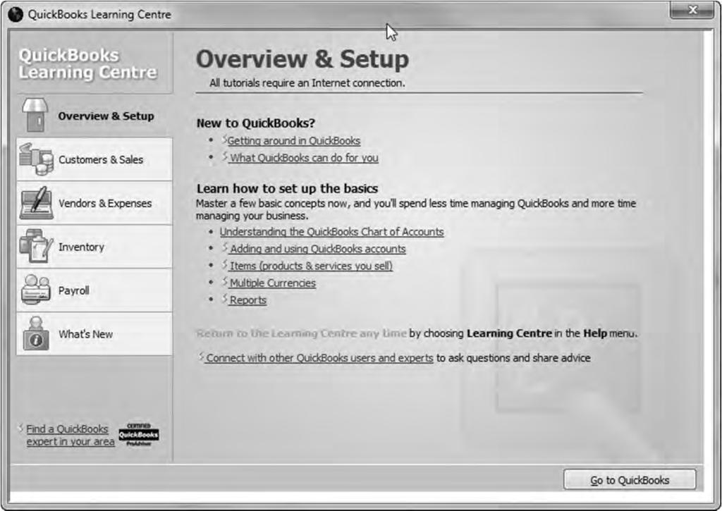 Introduction Lesson 1 Looking at the QuickBooks Screen When you open QuickBooks and either open or restore a data file, the following QuickBooks Learning Centre screen may appear.