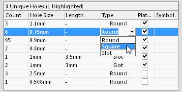 Editing the hole size for the selected group of six matching hole styles. You can also change the corresponding Length, Type, Plated and Symbol entries for holes where applicable.