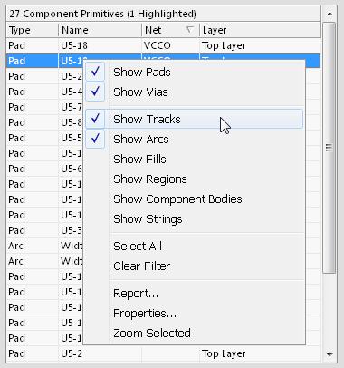 Right-click on a component or component primitive entry to select what items are included. In summary, as you click on an entry in the panel's list, a ﬁlter will be applied based on that entry.
