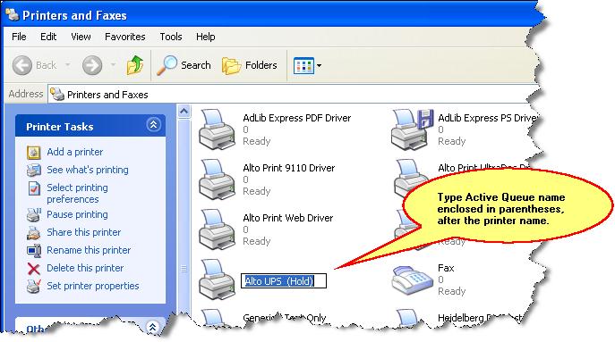 Virtual Printers 7 Notes You can also change printer properties in Printers and Faxes by selecting a printer, and then clicking Set printer properties under Tasks on the left side of the window.