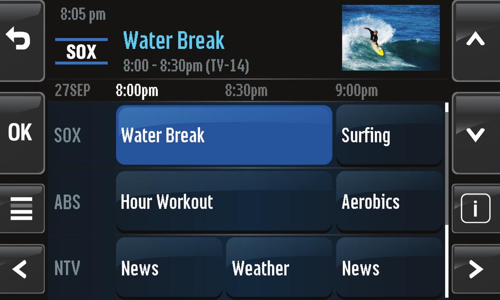 Using the Program Guide The Program Guide includes all scheduled programming currently available with their respective channel names, program titles, descriptions, ratings and show times.