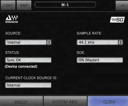 5.1 Clock Page Use the Clock page to set the clock source and sample rate for the device and to assess clock status. Clock controls are on the left side of the page Status indicators are on the right.