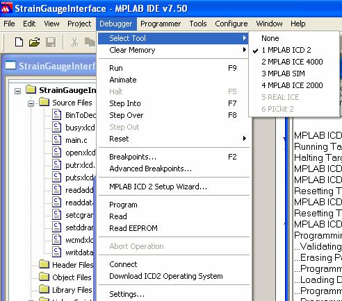 Figure 2. Make sure MPLAB ICD 2 is selected as the debugger 7. The debugger should ask you to download an operating system to the board. Defaults are OK for everything.