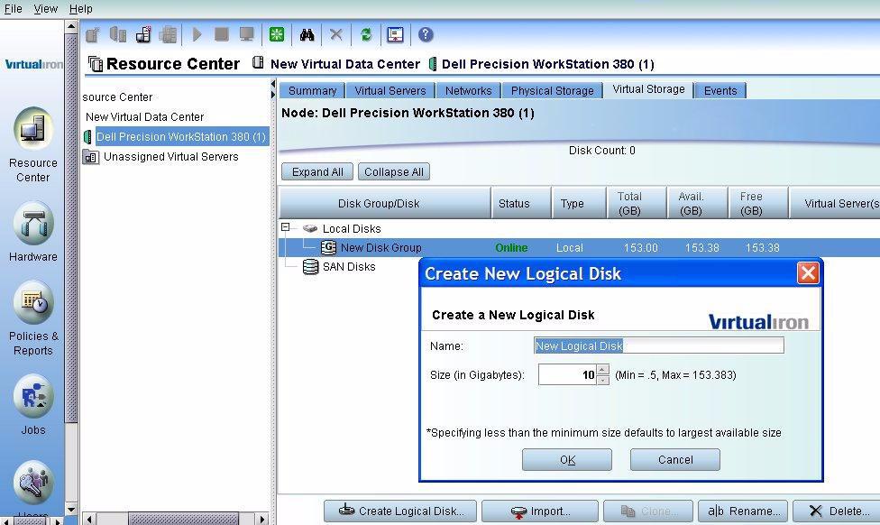 6. Select the Disk Group and click Create Logical Disk. In the Create New Logical Disk pop-up window, rename the logical disk if desired.