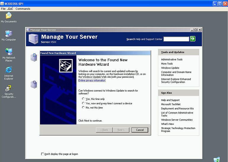 13. Start the virtual server. During boot, Windows discovers the Virtual Iron Ethernet driver. In the Found New Hardware Wizard, do the following: A.
