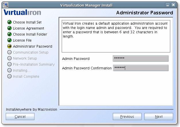 5. Enter the location of the Virtual Iron license file. This file is not included in the distribution, but is sent to you by Virtual Iron, Inc.
