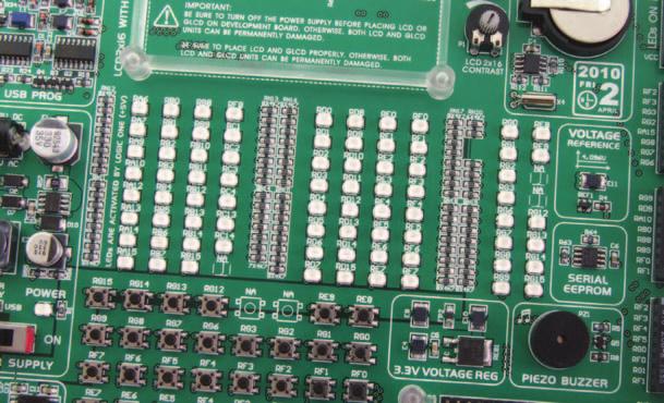 20 BIGdsPIC6 Development System 15.0. LEDs resistor. A common LED voltage is approximately 2.5V, while the current varies from 1 to 20mA depending on the type of LED.