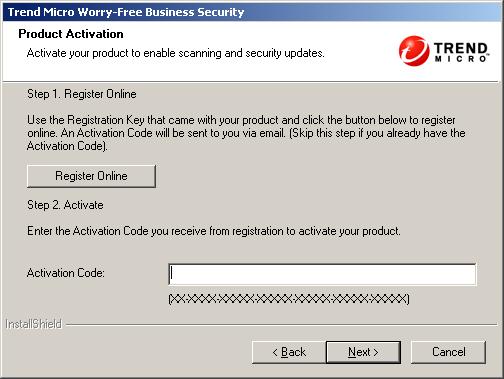 Trend Micro Worry-Free Business Security Advanced 6.0 Installation Guide FIGURE 3-2. Product Activation screen 6. Click Register Online if WFBS-A has not been registered yet. A browser window opens.