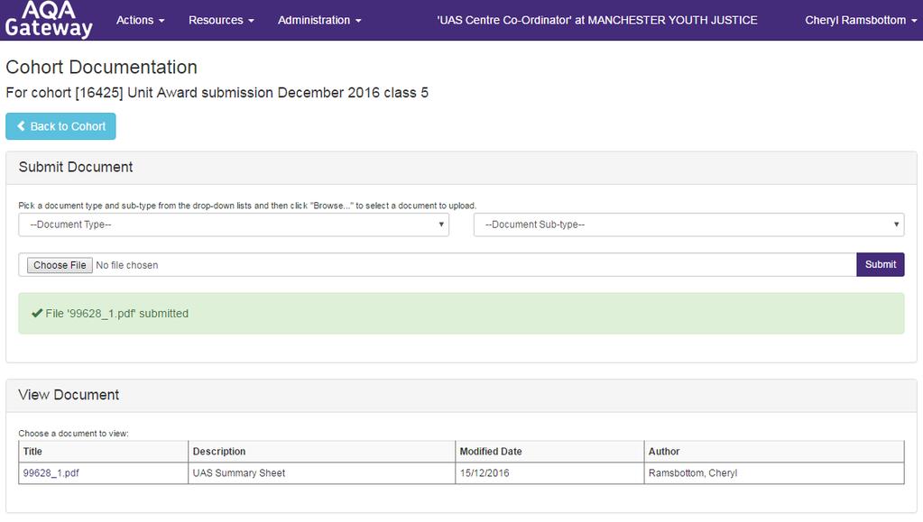 The Cohort Documentation screen appears and you need to submit your summary sheet.