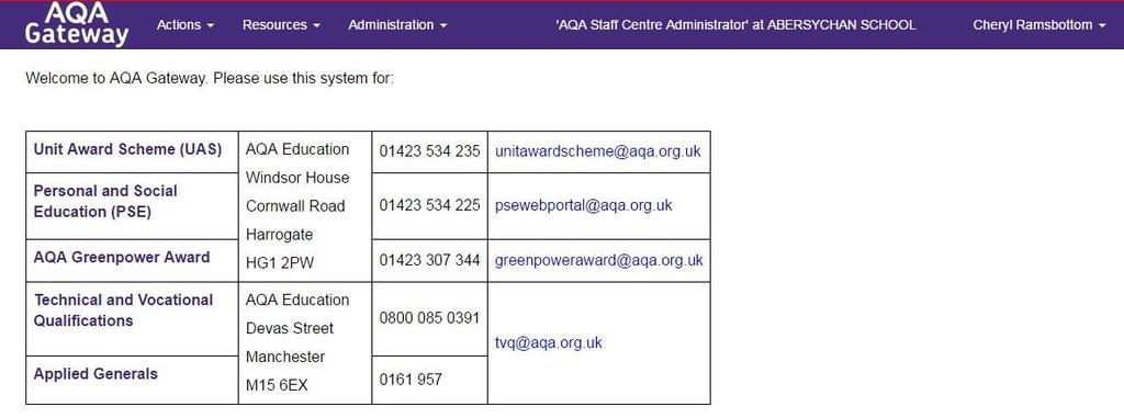 Here, you will find updates, messages and contact details for the subject areas that use AQA Gateway. Most actions are performed from the purple ribbon at the top of the screen.
