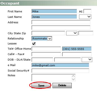 Relationship: From the drop down menu options, select the status that best describes the other household members relationship to the Guest. Lessee: Box is automatically checked.