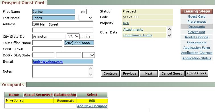 Click Save. The additional occupant is now listed in the table on the Occupants tab, and will appear in a person search from the dashboard.