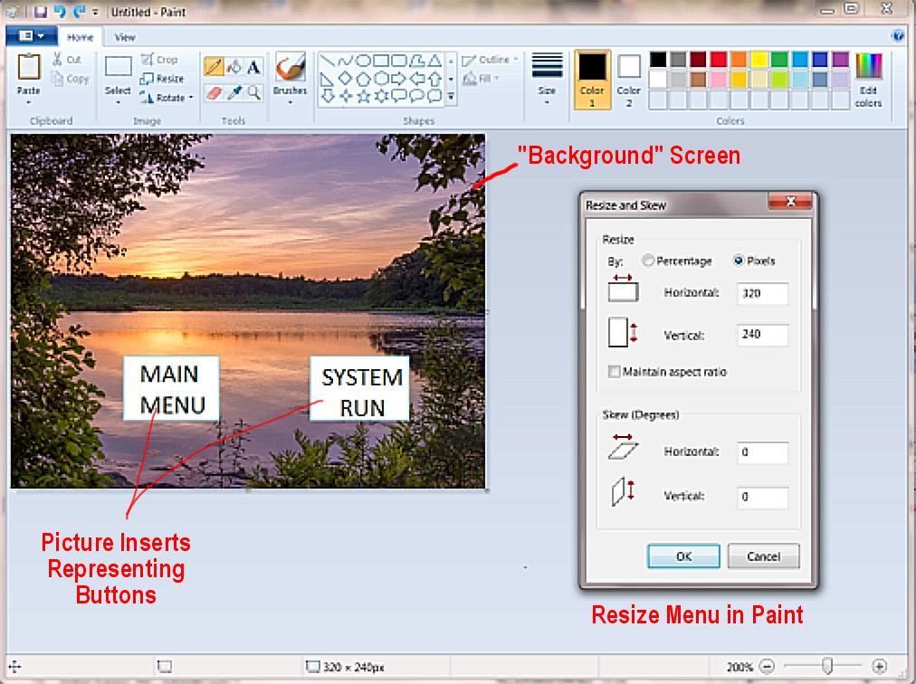 user would establish a 320 x 240 pixel screen in Paint and then fill the screen with whatever picture is desired.