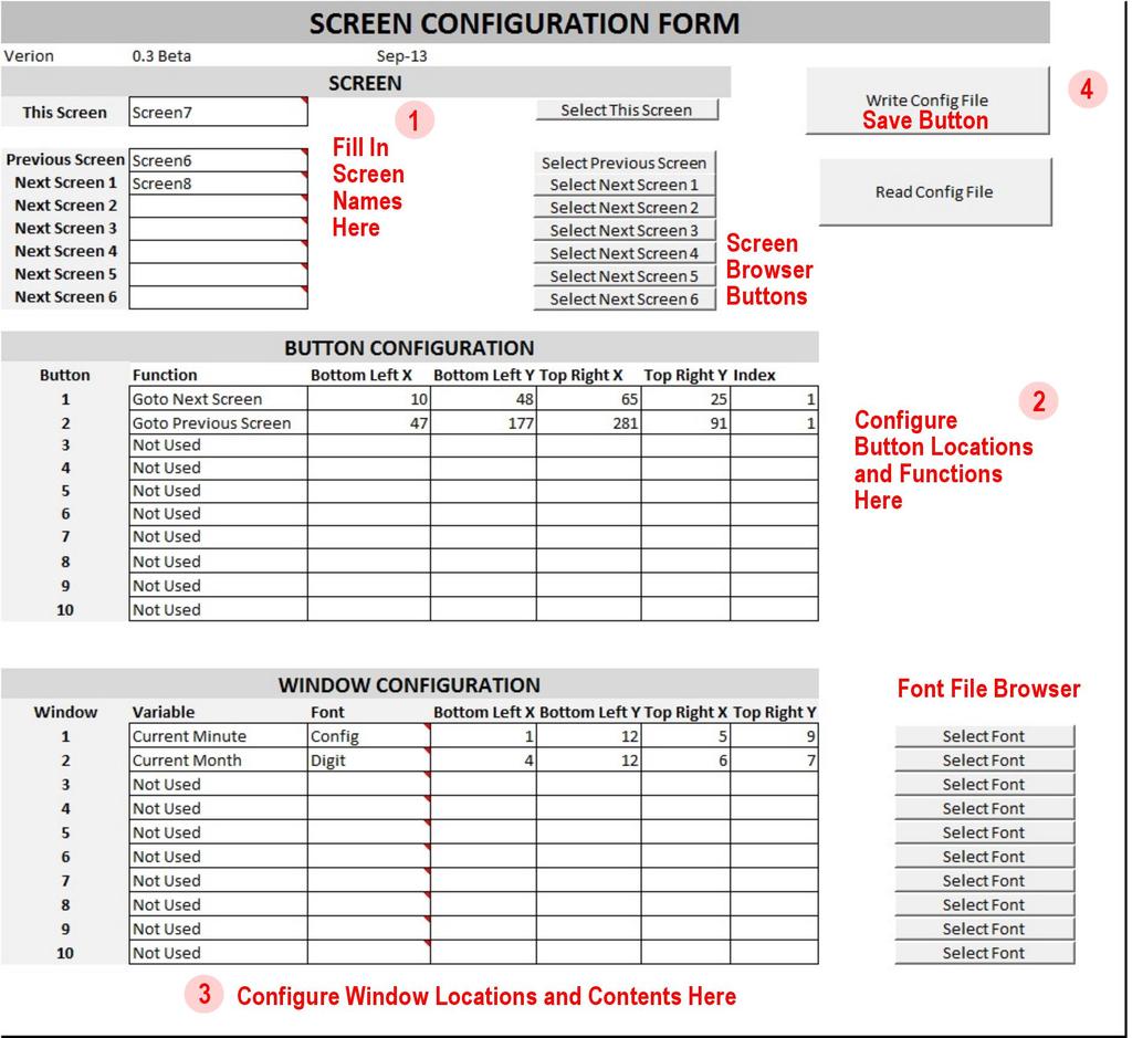Figure 4.2 Example Screen Configuration Form 4.2.4 Window Creation and Programming Windows are treated much the same as buttons.