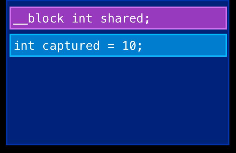 block int shared; int captured = 10; block2: const int captured = 10; Stack block1: block1 const = ^{