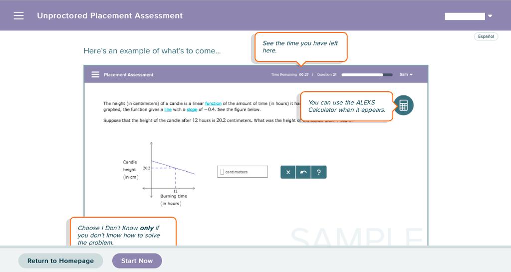 Step 12: ALEKS will show you a sample of what is to come on the assessment, including how to find how much time you have