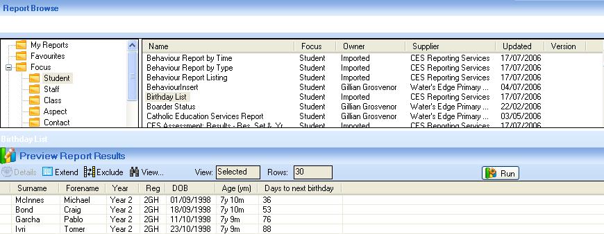 ...preview a report? If you need to run a report for specific pupils, use the Preview facility. Previewing allows you to add and remove pupils from the current selection.