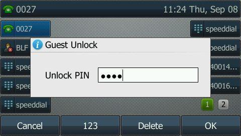 IP Phones Deployment Guide for BroadWorks Environment To lock a host s phone by the guest: 1. Press the GuestLock soft key. The phone is locked and the Unlock soft key displays on the LCD screen.