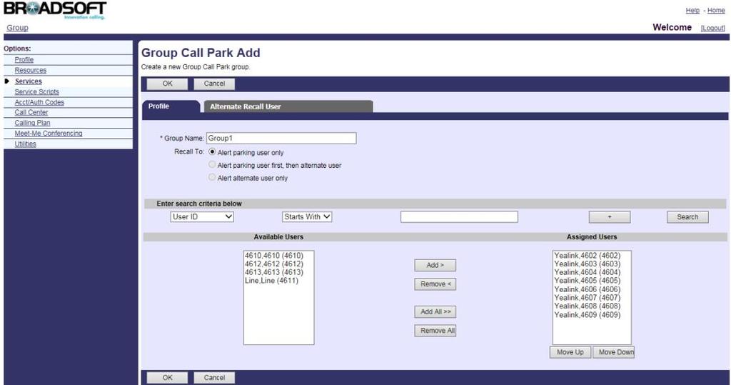 Configuring BroadSoft Integrated Features 2. Click on Services->Call Pickup. 3. Click Add. 4. Enter a name in the Group Name field. 5. Click Search to display all available users. 6.