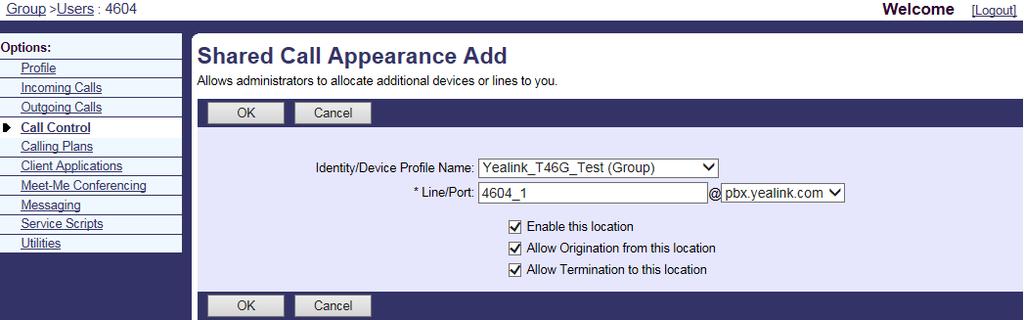 IP Phones Deployment Guide for BroadWorks Environment 10. Select the domain name (e.g., pbx.yealink.com) from the pull-down list after the sign @. 11. Click OK to accept the change. 12.