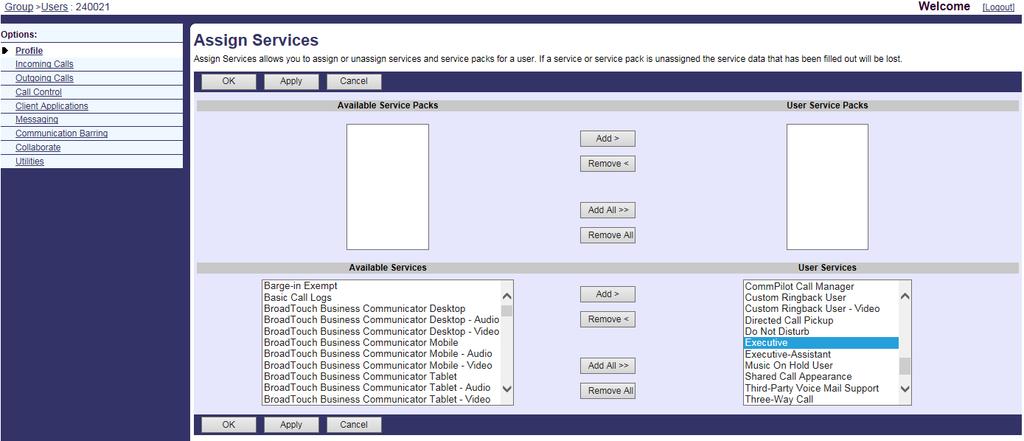 Configuring BroadSoft Integrated Features Configure Call Screening. Configure Call Alerting To assign the Executive service to a user: 2. Click on Profile->Users. 3.