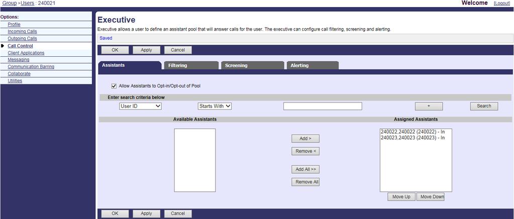IP Phones Deployment Guide for BroadWorks Environment 7. In the Available Assistants box, select the desired user and then click Add> to assign the user to the executive. 8.