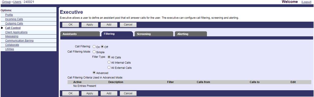 Configuring BroadSoft Integrated Features 6. Mark the On radio box in the Call Filtering field. 7. Select the desired filtering mode from the Call Filtering Mode field.