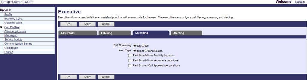 IP Phones Deployment Guide for BroadWorks Environment To configure the Call Screening for an executive: 2. Click on Profile->Users. 3. Click Search to display all existing users. 4.
