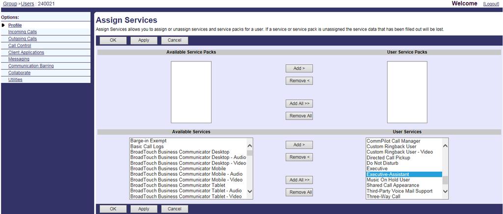 Configure assistants feature. Change the settings of assigned Executive To assign the Executive-Assistant service to a user: 2. Click on Profile->Users. 3.