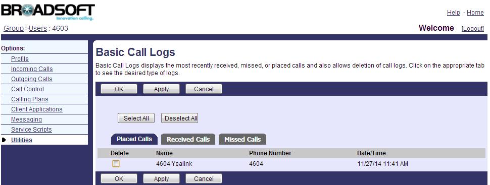 Configuring BroadSoft Integrated Features 2. Click on Profile->Users. 3. Click Search to display all existing users. 4. Select the desired user (e.g., 4603). 5. Click on Utilities->Basic Call Logs.