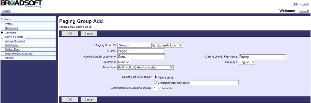 Configuring BroadSoft Integrated Features The following shows an example: Paging Group ID: Name: Calling Line ID Last Name: Calling Line ID First Name: Group1 Paging Group Paging 5.