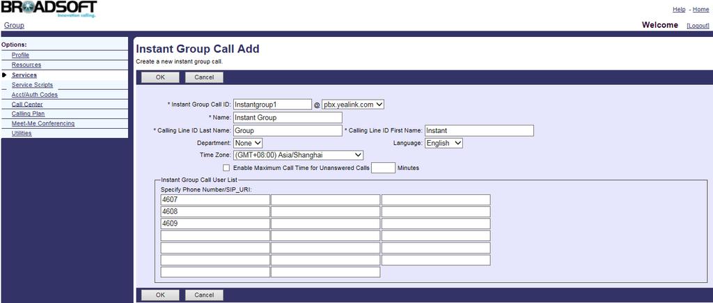 Configuring BroadSoft Integrated Features 2. Click on Resource->Assign Group Services. 3. In the Available Services box, select Instant Group Call and then click Add>. 4.